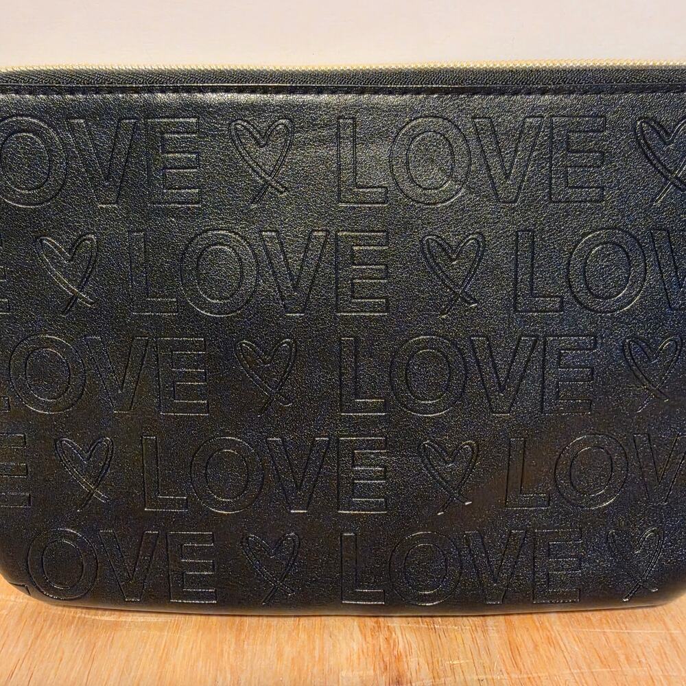 Victoria secret Black Faux Leather "Love" wristlet pouch gold tone hardware